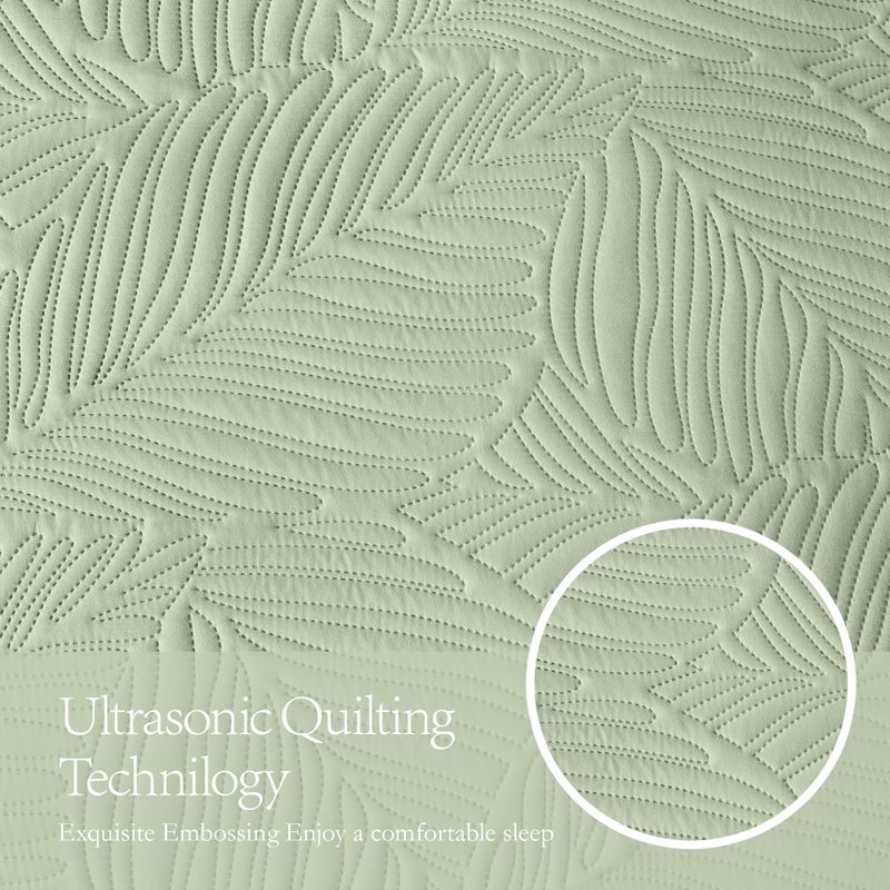 OARAGE King Quilt Bedding Set Lightweight Soft Sage Green Bedspread Coverlet with Leaf Pattern Ultrasonic Microfiber Bed Cover Set for All Season 3 Pieces (1 Quilt  2 Shams) - Image 4